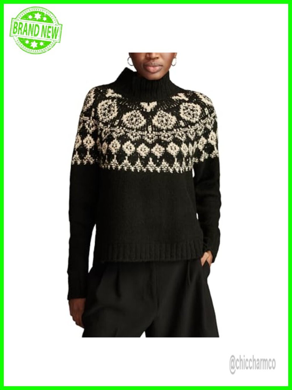 Wool Fair Isle Turtleneck Pullover Sweater Ribbed Casual Fall